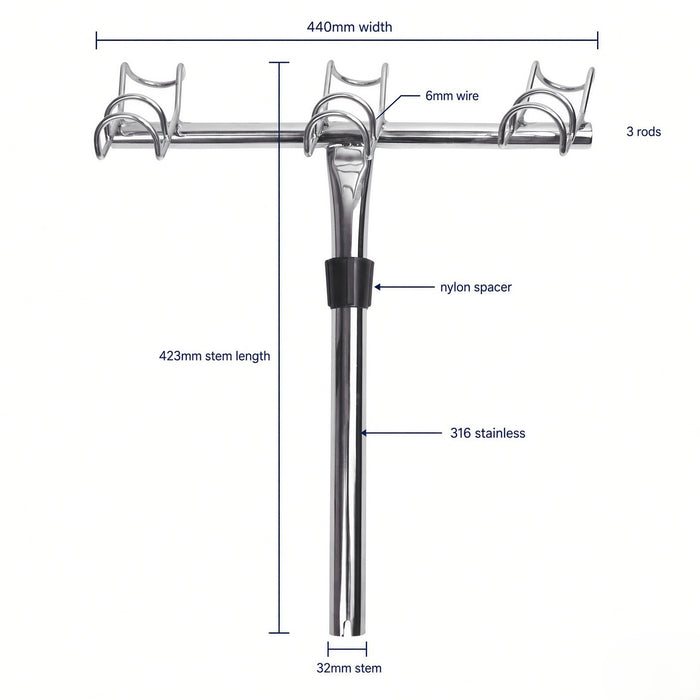 3-Way Rack Rod Holder – Starboard| 316 Stainless