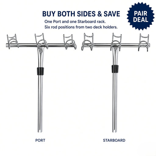 Port and Starboard 3-way snapper rack pair in 316 stainless — buy both sides and save, six rod positions