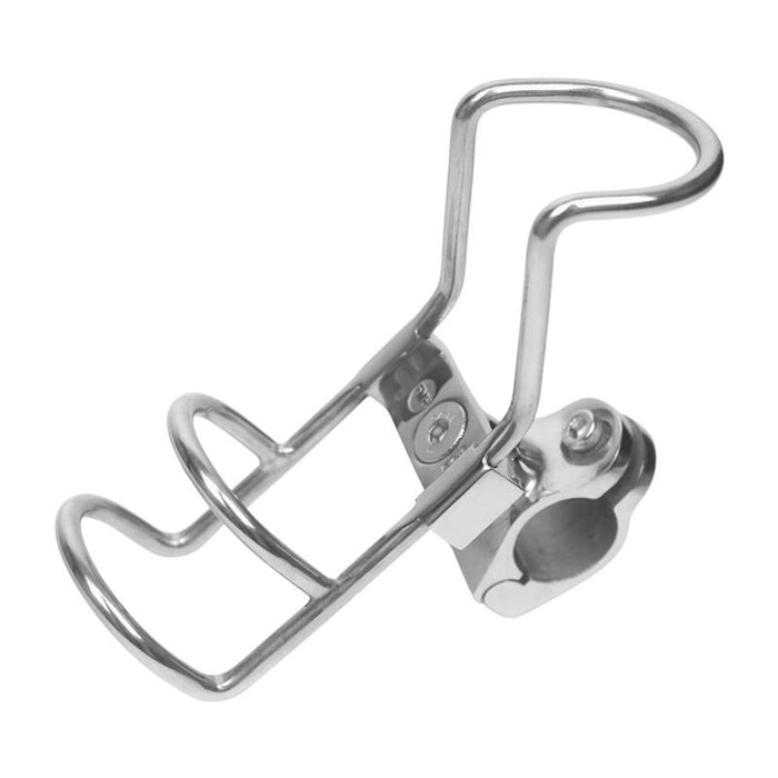 Polished 316 stainless wire fishing rod holder with 25 mm clamp-on rail mount and 360 degree toothed adjustment