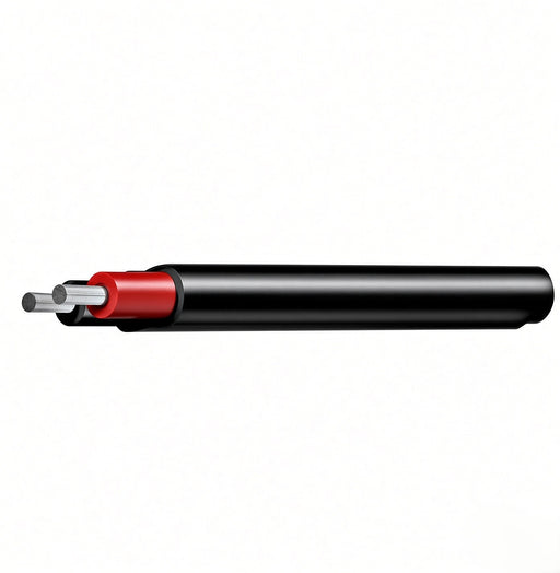 8 B&S tinned twin sheath marine battery cable cut end – black flat outer sheath, red and black cores, tinned copper