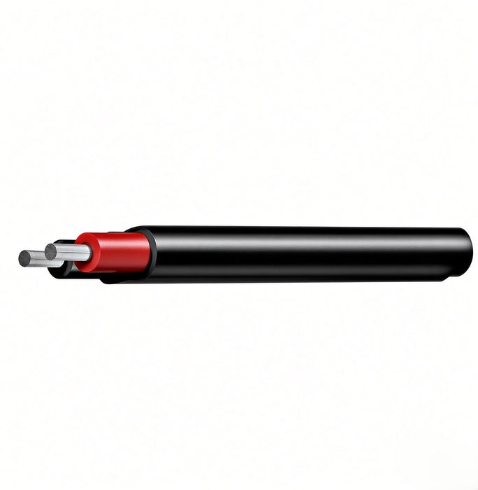8 B&S tinned twin sheath marine battery cable cut end – black flat outer sheath, red and black cores, tinned copper