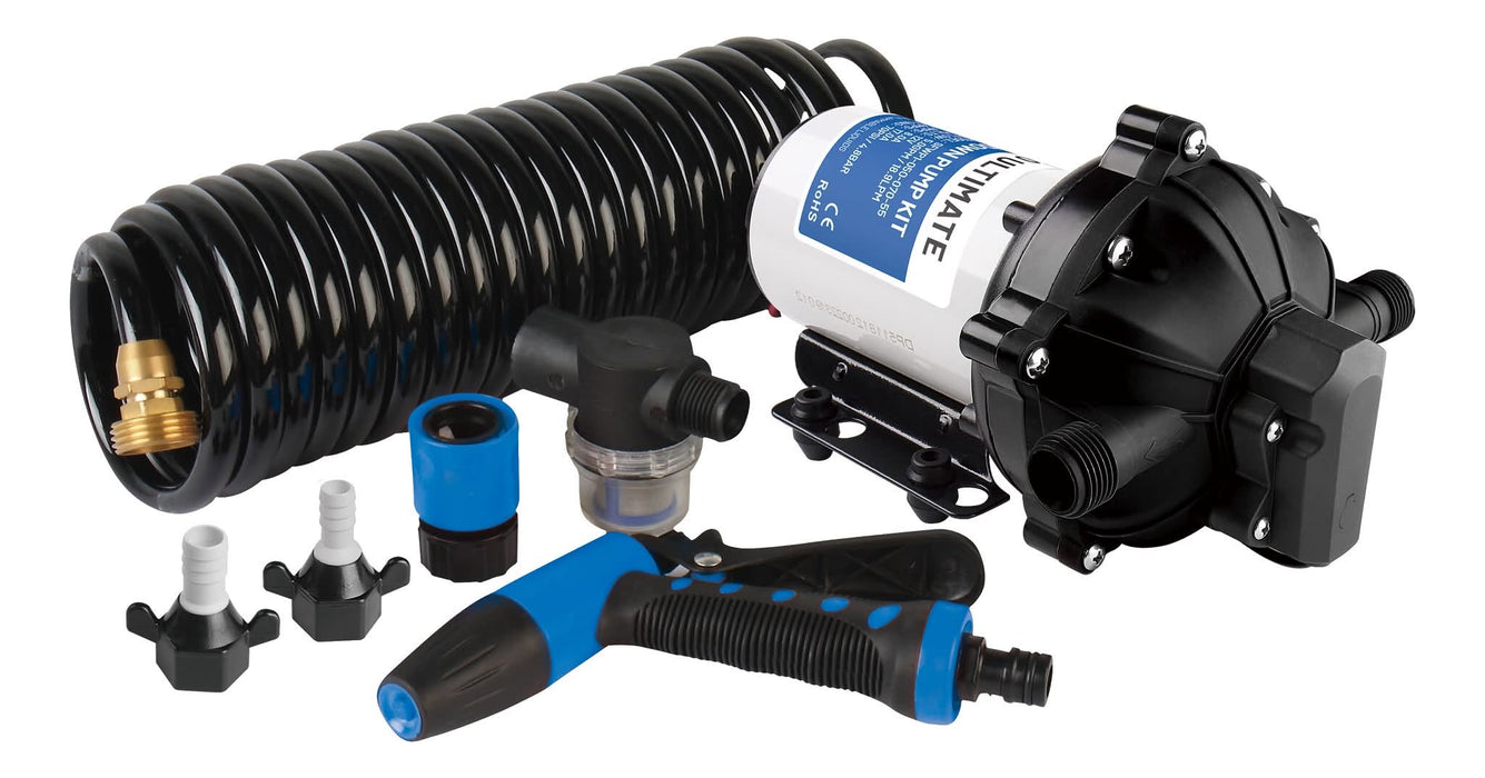 Mako Ultimate 12V marine washdown pump kit with coiled hose, spray gun, adaptors and 316 stainless bracket
