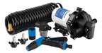 Mako Ultimate 12V marine washdown pump kit with coiled hose, spray gun, adaptors and 316 stainless bracket