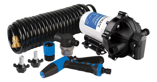 Mako Ultimate 12V marine washdown pump kit with coiled hose, spray gun, adaptors and 316 stainless bracket