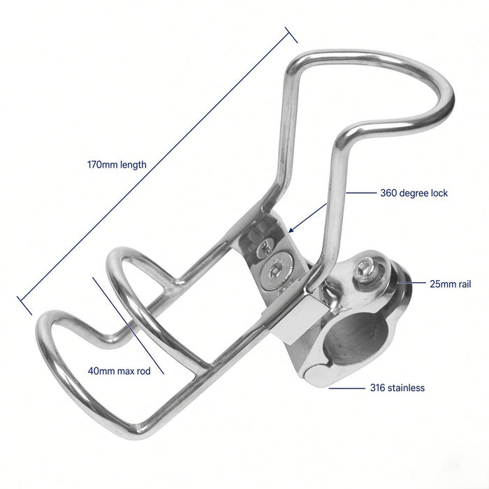 Rod holder dimensions: 170mm long, 25mm rail, 40mm max rod, 316 stainless