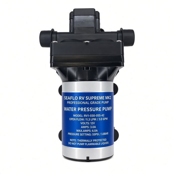 SEAFLO RV Supreme MK2 RV1-030-055-42 12V 11.3 LPM 3.0 GPM 55 PSI water pressure pump label