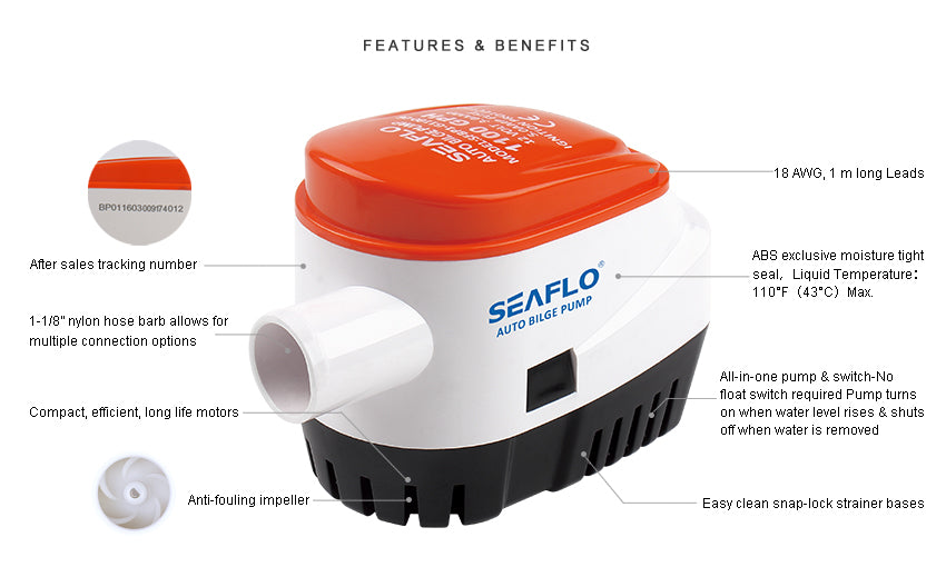 SEAFLO 1100 GPH auto bilge pump features 1-1/8 inch outlet snap-off strainer built-in switc