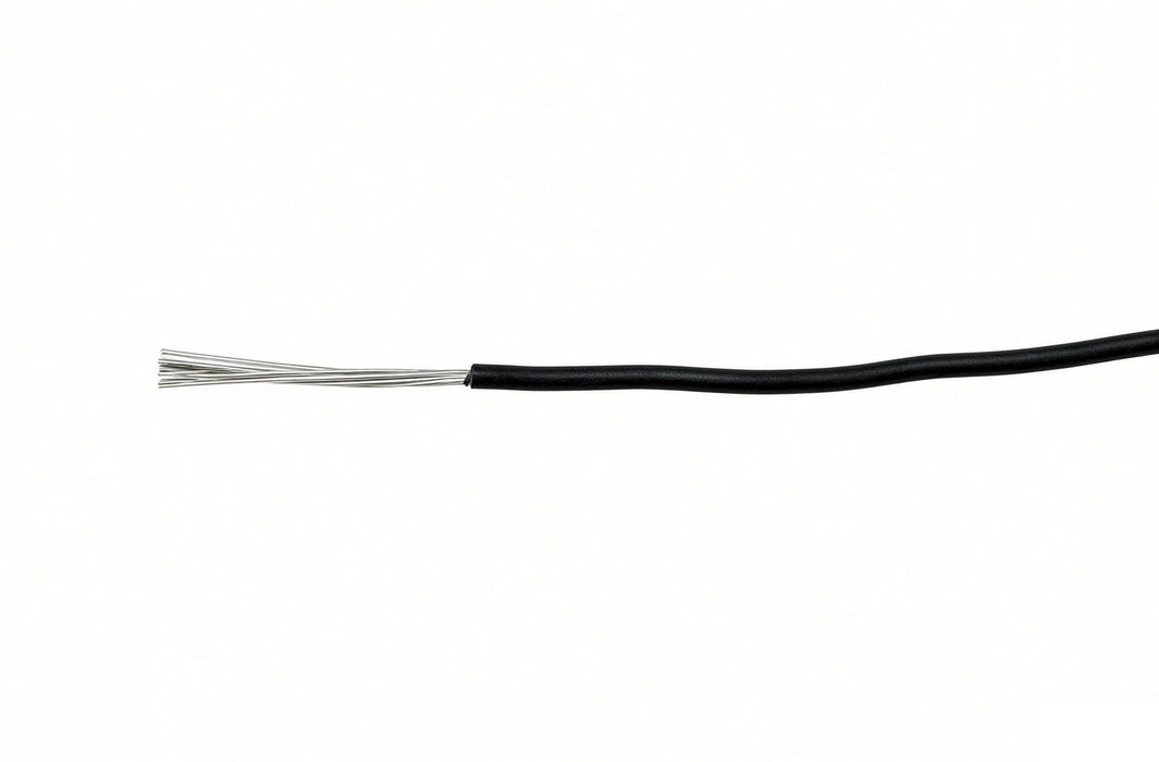 10 metre cut, stripped end of black 4 mm tinned marine wire showing copper strands