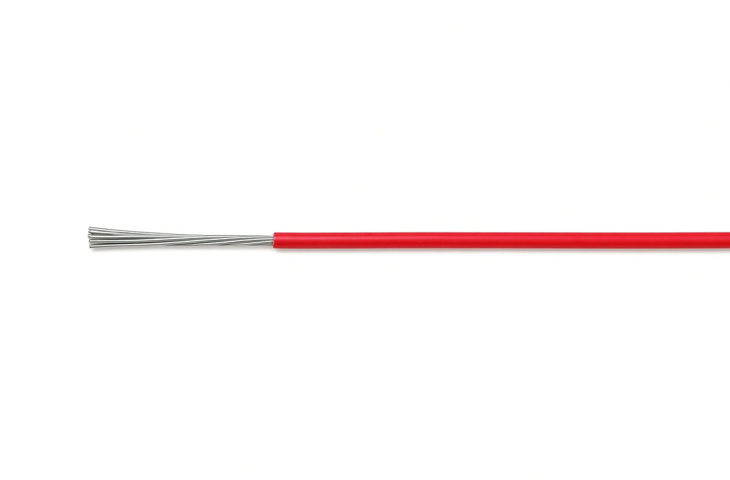 10 metre cut, stripped end of red 4 mm tinned marine wire showing copper strands.