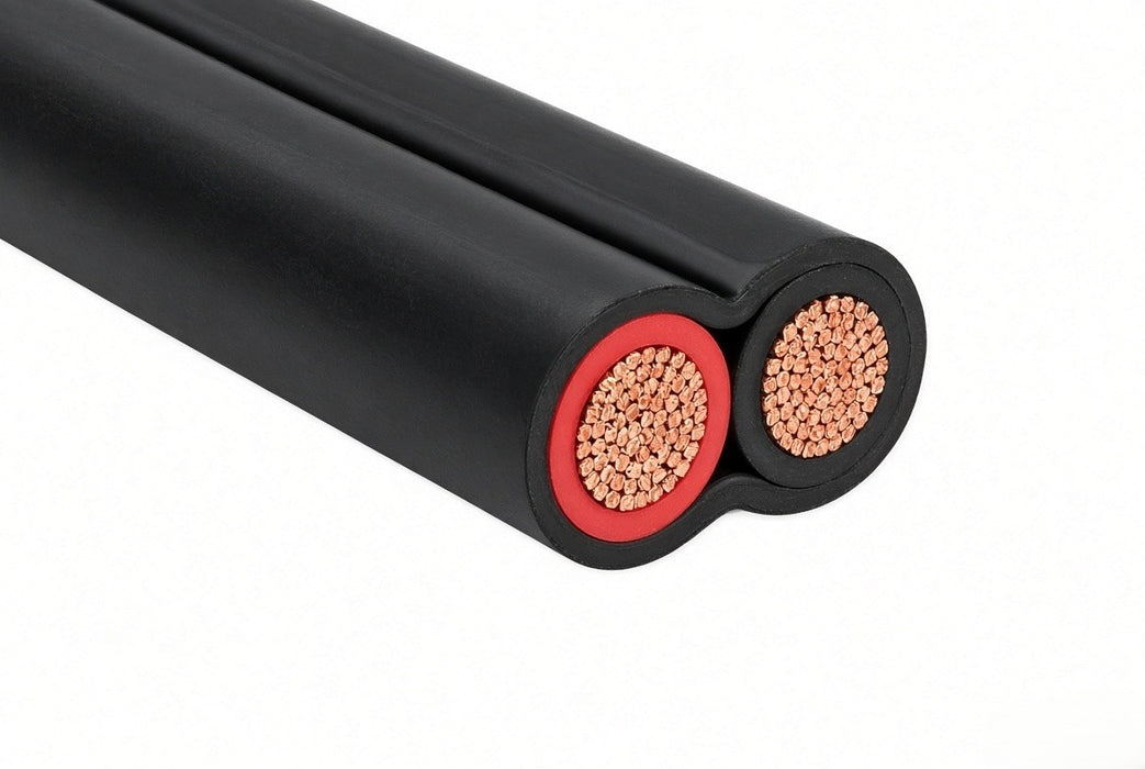 Red and black cores of 8 B&S tinned marine twin sheath cable with silver tinned copper strands